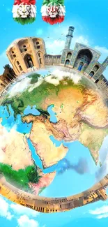 Artistic world globe wallpaper with vibrant colors and landmarks.