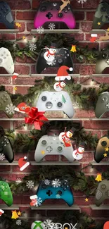 Vibrant Xbox controllers in holiday setting on brick wall.