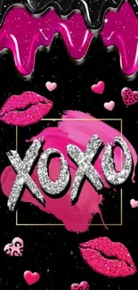 Vibrant wallpaper with XOXO text, pink lips, and glitter hearts.