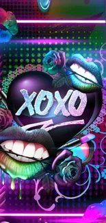 Vibrant XOXO neon lips and heart design wallpaper with colorful elements.