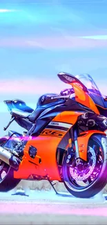 Vibrant orange Yamaha R6 motorcycle with neon background.