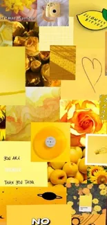 Vibrant yellow aesthetic collage wallpaper with quotes and sunflowers.