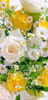 A bouquet of vibrant yellow and white roses with delicate daisies.