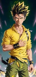 Anime character in vibrant yellow stance with dynamic energy.