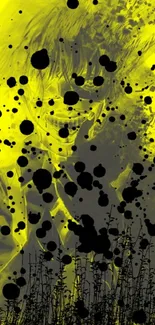 Vibrant yellow wallpaper with black ink splatters and abstract art style.