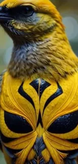 Vibrant yellow bird with abstract patterns on its feathers.