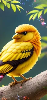 Vibrant yellow bird perched on a leafy branch.