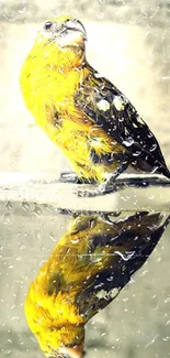 Yellow bird reflecting in water with raindrops on glass.