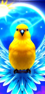 Yellow bird with blue wings on celestial background.