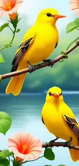 Two vibrant yellow birds perched on a branch with flowers.