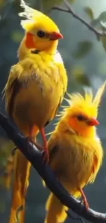 Two vibrant yellow birds perched on a branch against a soft green background.