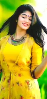 Woman in yellow dress enjoying a sunny day, smiling joyfully against a vibrant background.