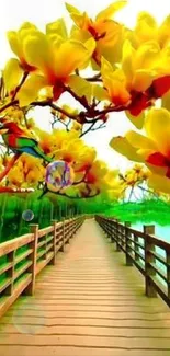 Vibrant yellow blossoms over a serene wooden walkway.