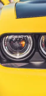 Close-up of a vibrant yellow car with distinct headlights.