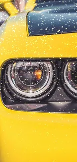 Close-up of sleek yellow car with modern headlight design.