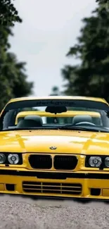 Yellow sports car on road with greenery backdrop.