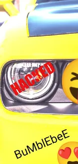 Vibrant yellow car with playful emojis overlay.