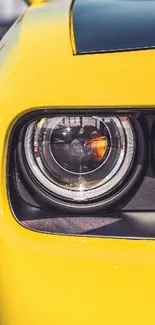 Close-up of a vibrant yellow car's headlight, showcasing sleek design.