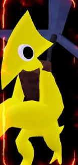 Bright yellow cartoon character with black eyes and a unique pose.