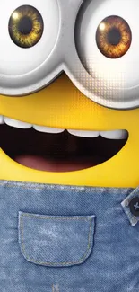 Vibrant yellow cartoon character with denim overalls and big eyes.