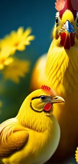 Vibrant yellow chicken with flowers wallpaper, perfect for lively phone backgrounds.