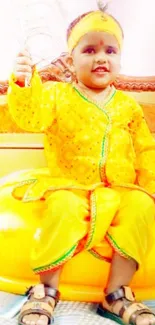 Smiling child in vibrant yellow outfit on bright background.