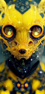 Vibrant yellow cyberpunk cat design with intricate details