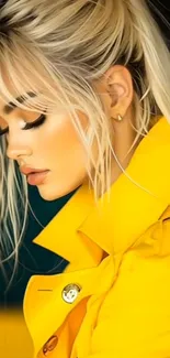 Portrait of a woman wearing a yellow coat with blonde hair