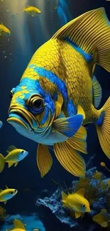 Vibrant yellow fish amidst marine scene with blue accents.