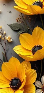 Yellow flowers and leaves artistic illustration on grey background.