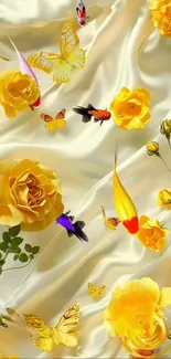 Beautiful golden yellow roses with colorful butterflies on silk background.