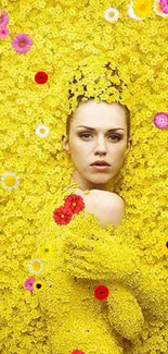 Artistic woman in a vibrant yellow floral setting.