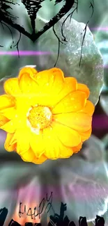 Yellow flower with artistic background and vibrant, colorful details.