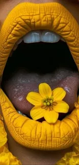 Bright yellow lips with flower detail.