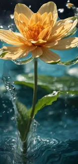 Yellow flower with water splash on blue background.