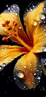 Yellow flower with dewdrops on petals against a dark background.