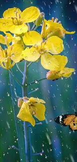 Yellow flowers with butterfly in rain mobile wallpaper.