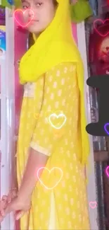 Person in a yellow hijab with heart decorations.