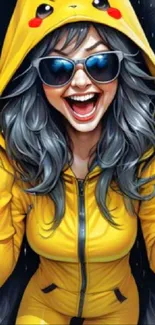 Woman in Pikachu-inspired yellow hoodie with sunglasses and gray hair, laughing.