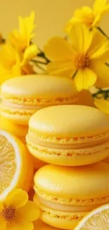Yellow macarons with bright flowers and lemon slices.