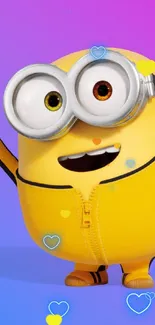 Yellow Minion with colorful gradient backdrop and hearts.