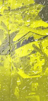 Yellow motorcycle with rain droplets on screen.