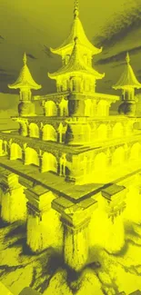 Vibrant yellow pagoda digital art wallpaper.