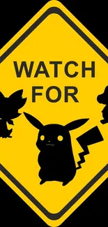 Vibrant yellow Pokémon alert sign wallpaper with silhouettes.