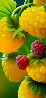 Yellow and red raspberries with green leaves on a vibrant wallpaper.