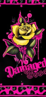 Yellow rose with pink accents and bold text on black background.