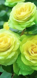 Close-up of vibrant yellow roses with lush green leaves.