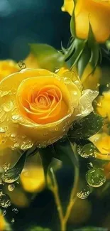 Close-up of vibrant yellow roses with dewdrops against dark green background.