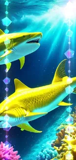 Dynamic yellow sharks swimming in a vibrant coral reef under the ocean sunlight.