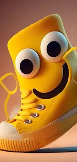 Playful yellow sneaker with a smiley face design on a mobile wallpaper.